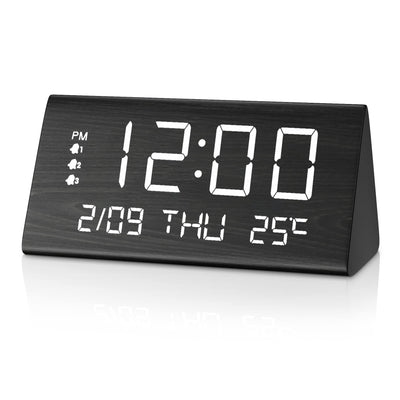 JALL Digital Alarm Clock, with Wooden Electronic LED Time Display, 3 Alarm Settings, Weekday/Weekend Mode, Temperature Detect, Wood Made Electric Clocks for Office, Bedroom, Bedside (Black)
