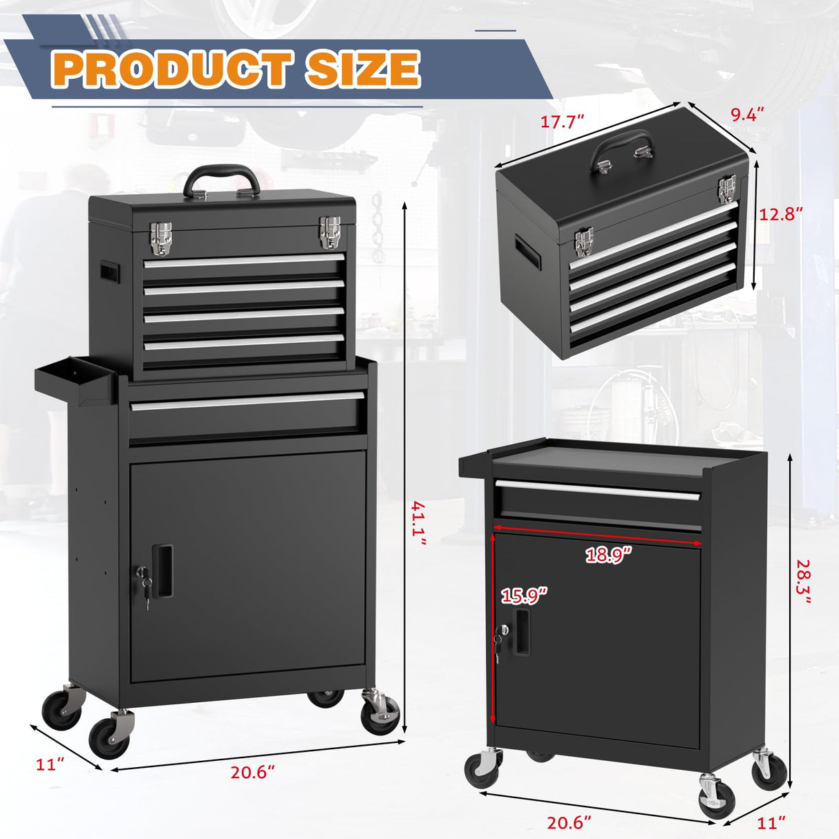 Tool Chest, 5-Drawer Rolling Tool Chest with Detachable Top Tool Box, Tool Box with Wheels, Metal Tool Cart for Garage Warehouse Workshop (Black) Xalvora