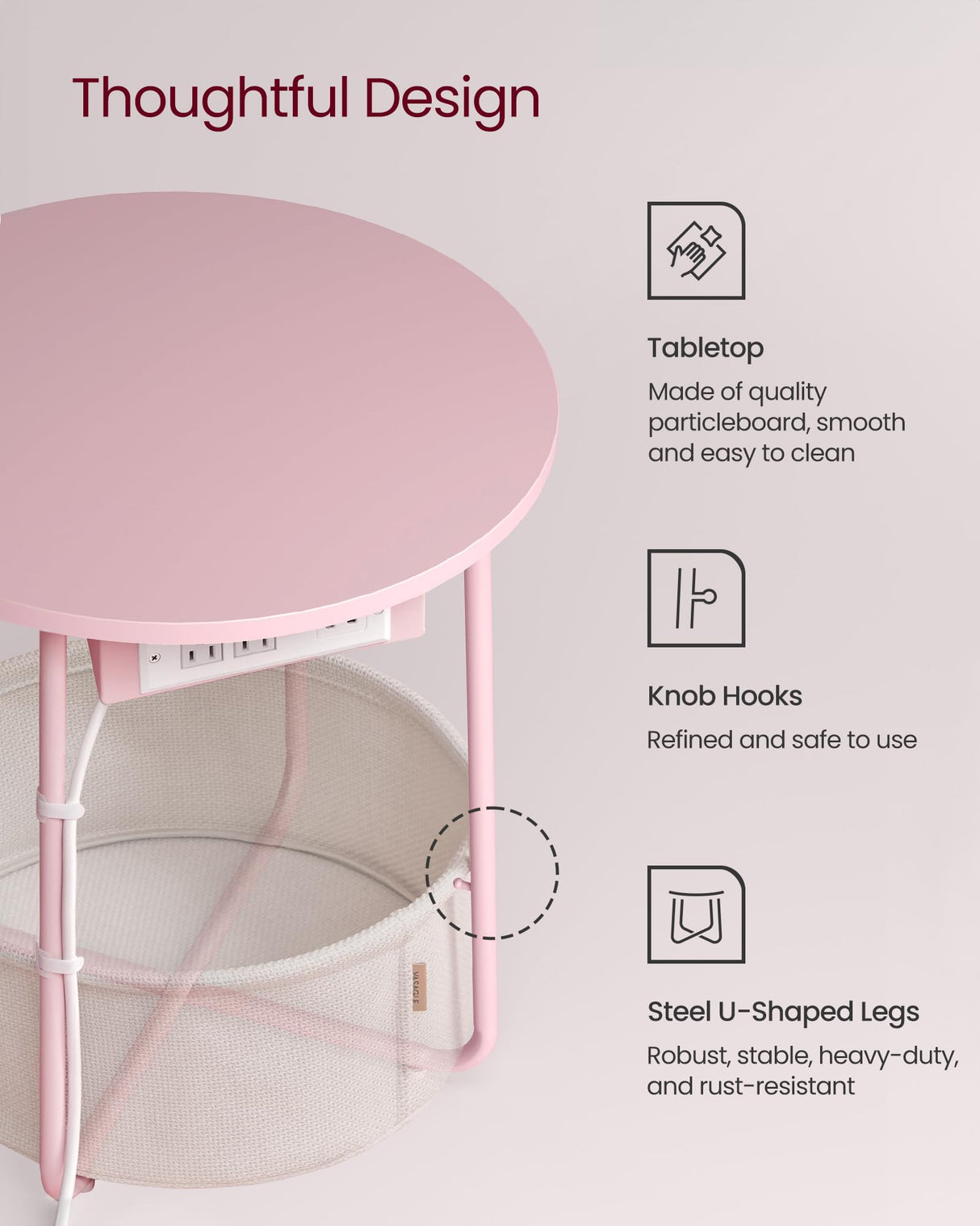 VASAGLE Side Table with Charging Station, Round End Table With Fabric Basket, Nightstand with Power Outlets USB Ports, for Living Room, Bedroom, Modern, Jelly Pink and Cream White ULET228R01 VASAGLE