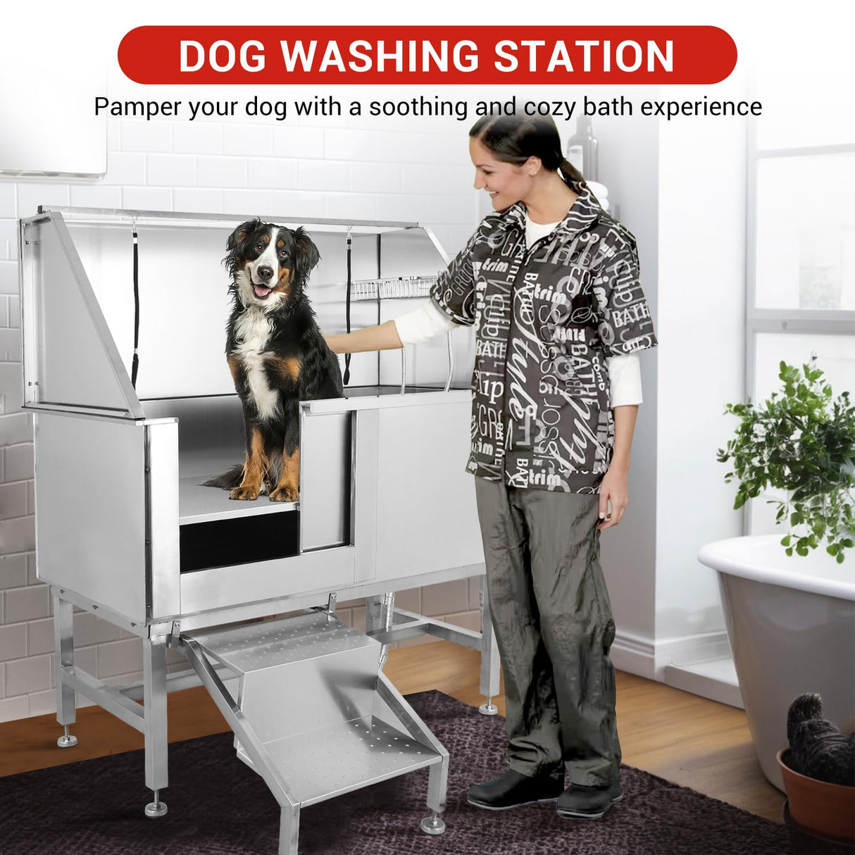 Garvee 50'' Dog Grooming Tub, Professional Dog Washing Station with Retractable Stairs, Stainless Steel Pet Bathtub for Small & Large Dog, Right Door Garvee