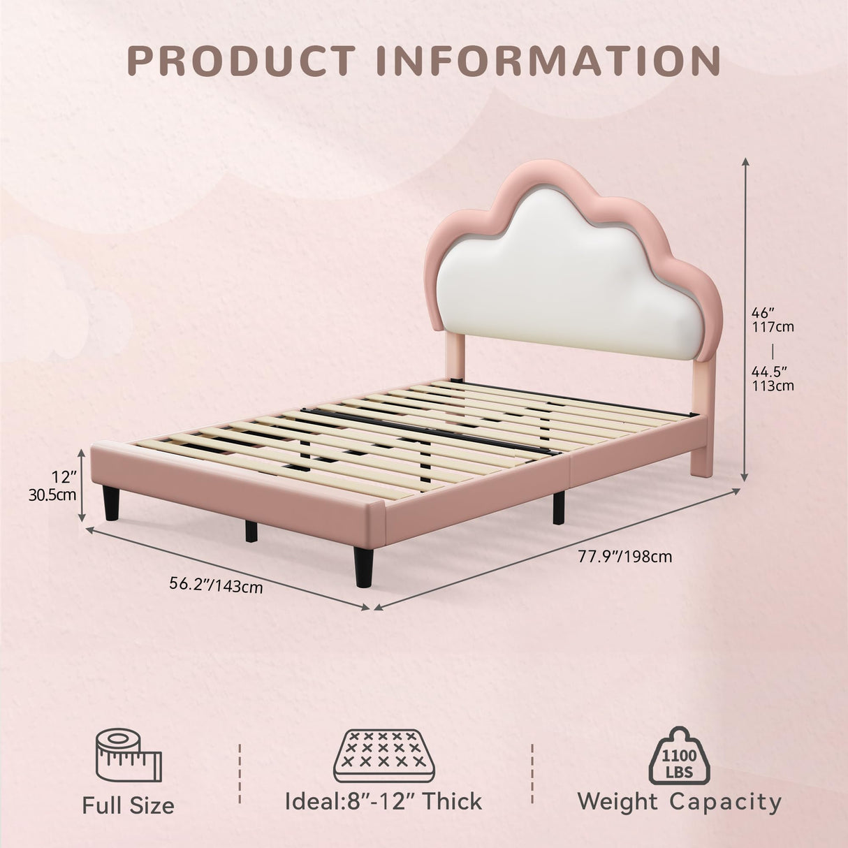 YITAHOME Full Size Bed Frame, LED Bed with PU Faux Leather Adjustable Cloud Headboard, Platform Upholstered Bed Frame with Wooden Slats Support, No Box Spring Needed, Easy Assembly, Pink YITAHOME