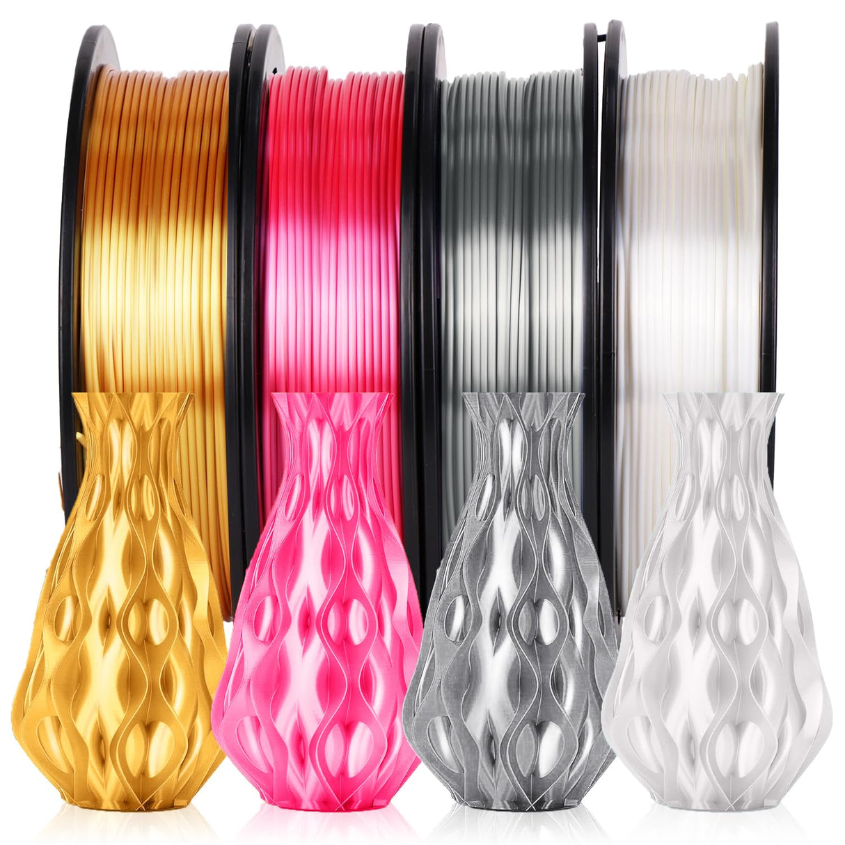YOUSU 3D Printer Filament, 250G PLA Silk Filament Bundle, 1.75mm Smooth Silk Filament Muticolor, Silk PLA Filament 4 Color Pack 4x250g (Gold, Silver, Pink, White) Yousu