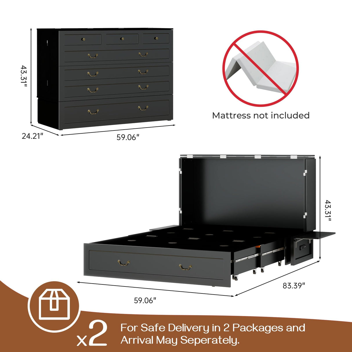 Tafeumob Murphy Bed Queen Size: Wood Murphy Bed Cabinet with Drawer Space-Saving with Golden Handle & Charging Station for Bedroom, Multipurpose Area, Guest Room, Apartment Black (Without Mattress) Tafeumob
