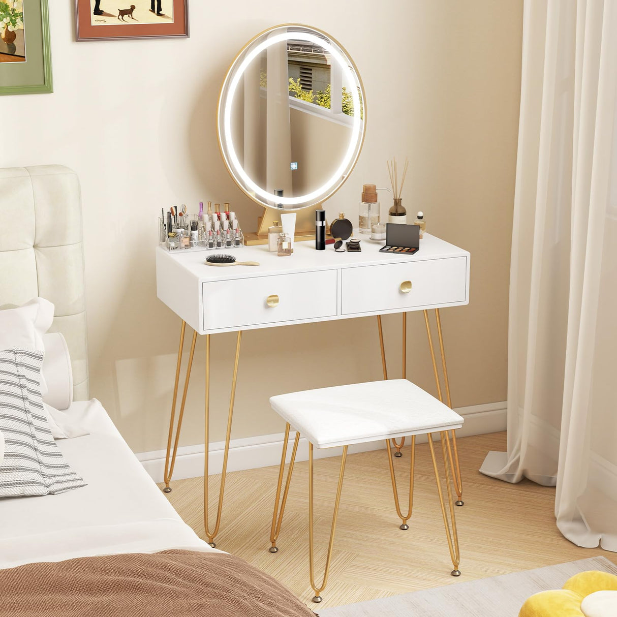 CHARMAID Makeup Vanity Table with Lighted Mirror, Vanity Desk with 2 Large Drawers, Adjustable 3 Lighting Modes, Modern Girls Bedroom Vanity Table with Chair for Small Spaces, White & Gold CHARMAID