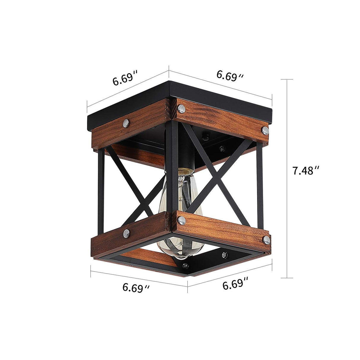Fivess Lighting Rustic Farmhouse Flush Mount Ceiling Light 1-Light Metal and Wood Cage Mini Semi Flush Mount Light Fixture for Hallway Kitchen Entryway, Black Fivess Lighting