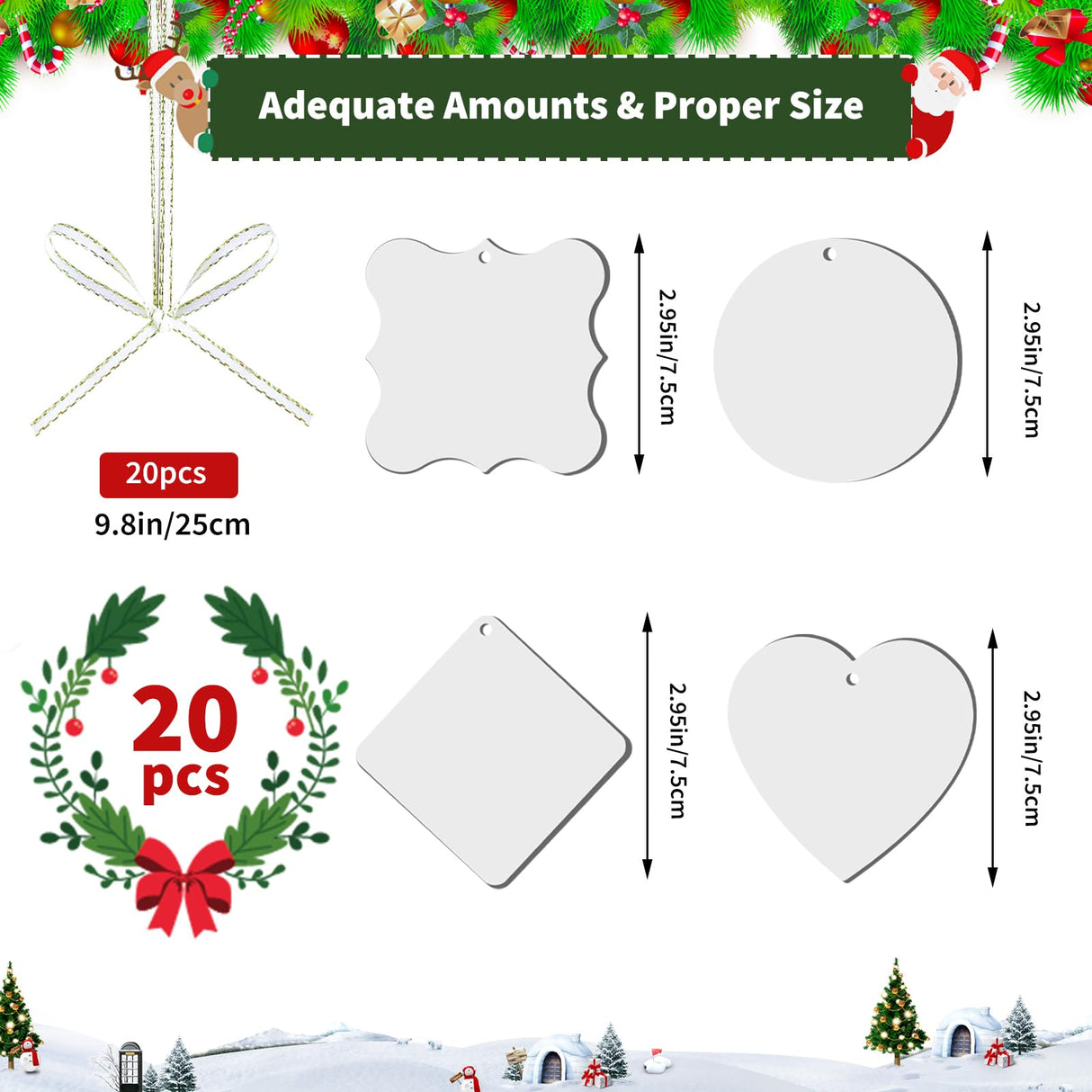 Sublimation Ornament Blank, 20Pcs Sublimation Double Sided Blanks 2.95 Inch Christmas Ornament Blank, Personalized DIY Sublimation Pendants Blanks (Combination) Deekypol
