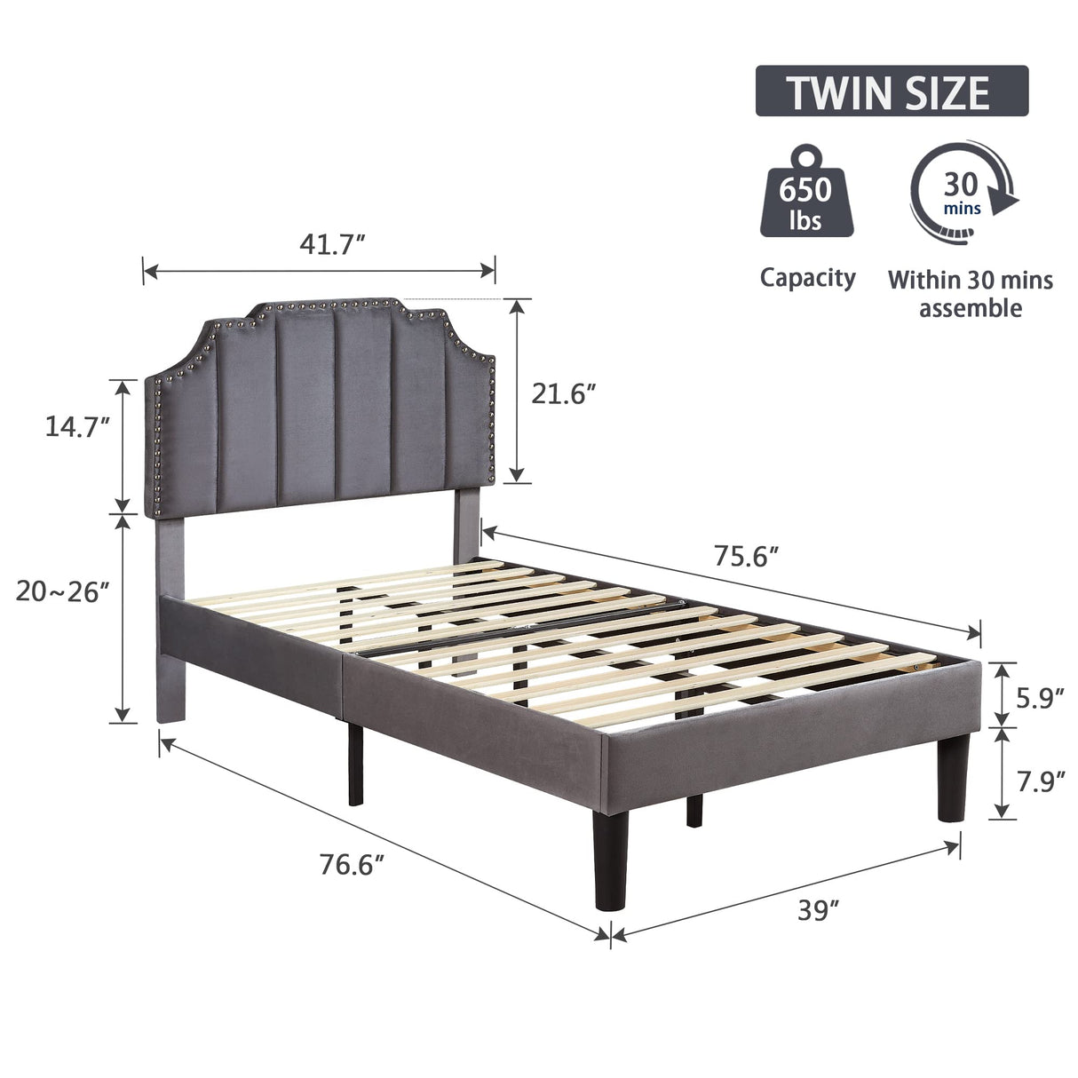 VECELO Twin Upholstered Platform Bed Frame for Kids,Girls,Boys,with Tufted Adjustable Headboard/Mattress Foundation/Wood Slat Support,Easy Assembly,Dark Grey VECELO
