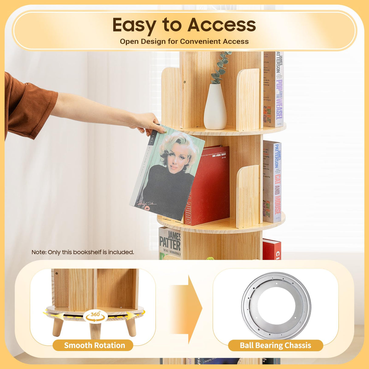 HAOREBAIYU 6-Tier Rotating Pine Wood Bookshelf - Multi-Functional 360° Revolving Storage Rack for Home & Office HAOREBAIYU