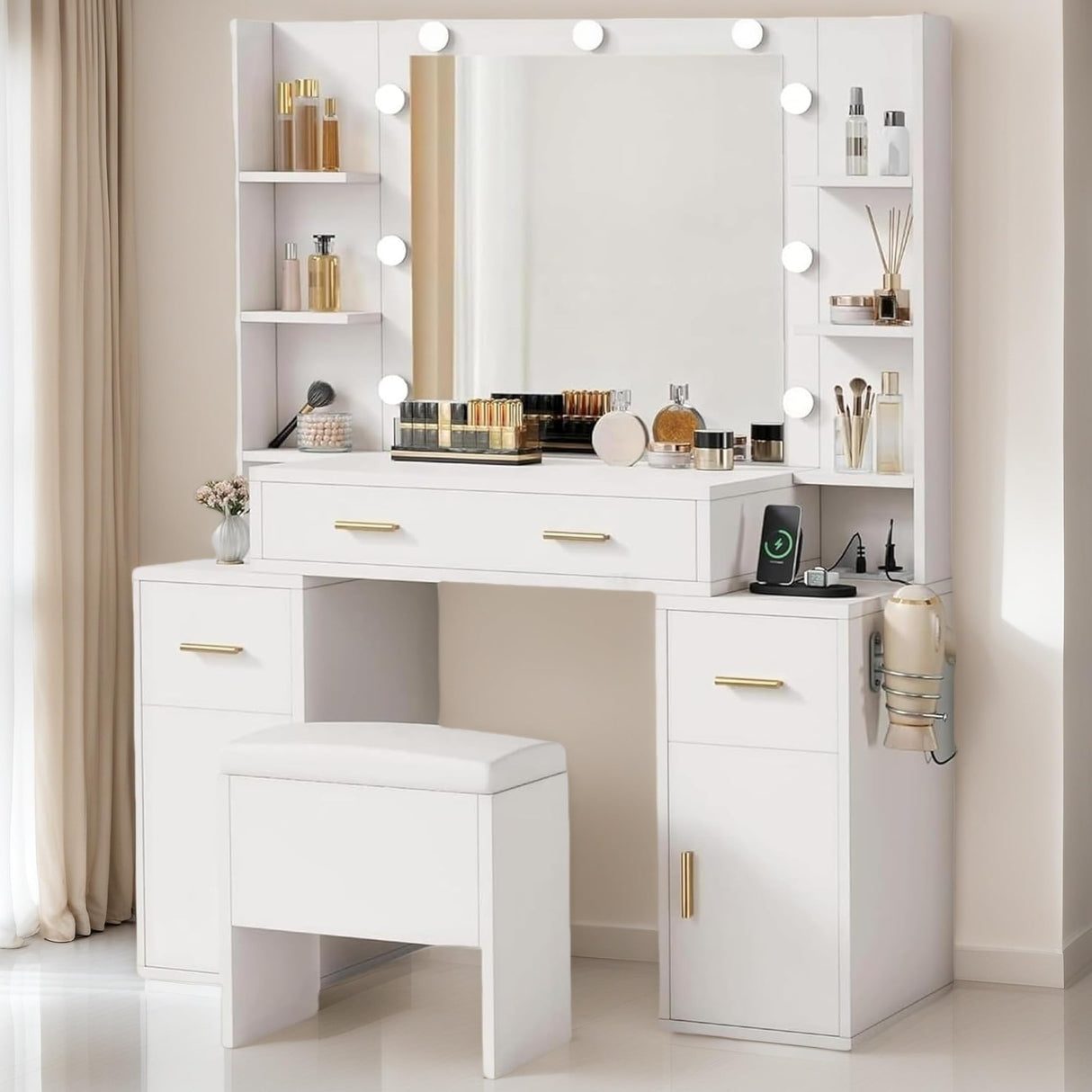 DWVO Vanity Desk with Large Mirror and LED Lights, Makeup Vanity Table Set with Power Outlets, Comfy Stool & Storage Drawers, Shelves and Cabinets, 3 Lighting Modes Makeup Table, Dressing Room, White DWVO