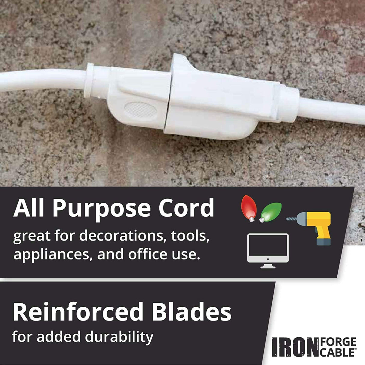 Iron Forge Cable Outdoor Extension Cord 100 ft, 16 Gauge Heavy Duty Power Extension Cords 3 Prong Weatherproof - SJTW - Great for Outdoor Lights, Lawn, Household Appliances - White IRON FORGE CABLE