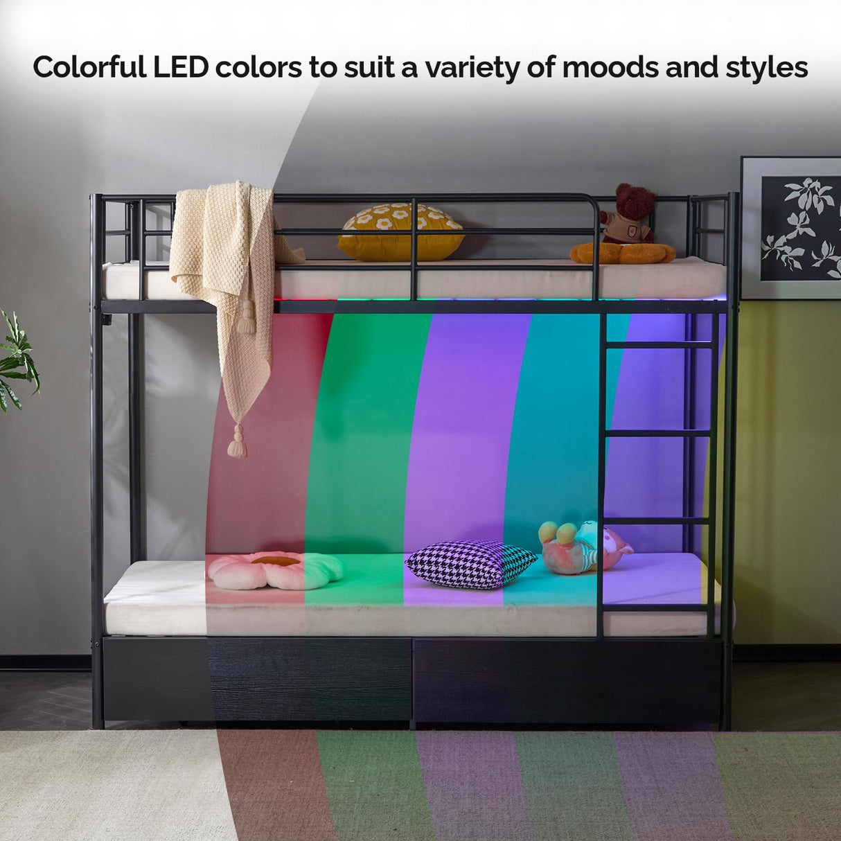 VINGLI Metal Bunk Bed Frame Twin Over Twin with 2 Drawers, LED Lights, Safety Guardrail & Ladder, Charging Station, for Kids, Teens & Adults, Space-Saving, No Box Spring Needed, Black VINGLI