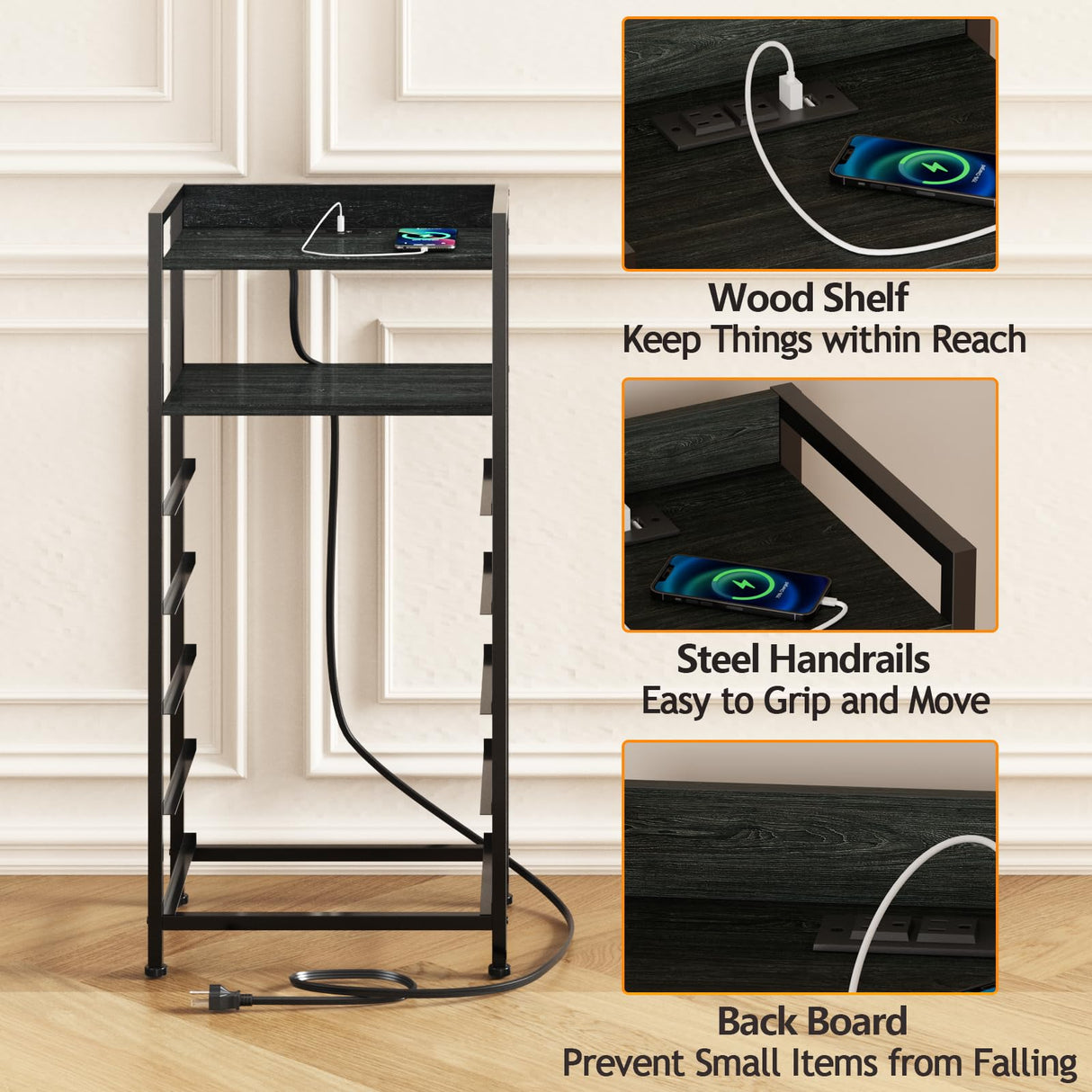 Furnulem 5 Drawer Nightstand with Shelf, Tall Black Dresser for Bedroom with Led Light and Charging Station, Bed Side Table for Living Room, Fabric Storage Bins, Metal Frame, Wood Furniture Furnulem