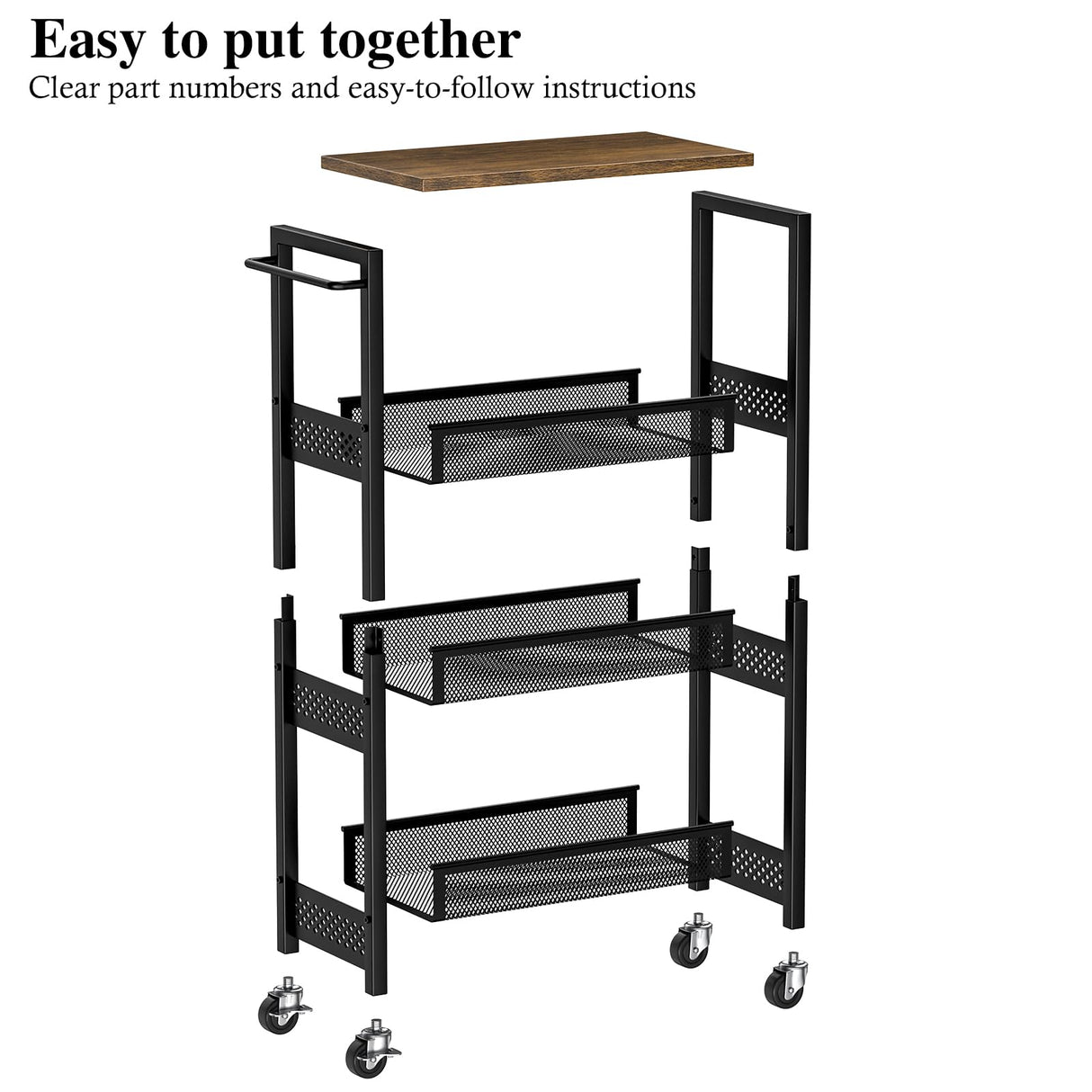 OKZEST Utility Slim Storage Cart, 4-Tier Narrow Bathroom Organizer and Storage Cart, Metal Narrow Kitchen Laundry Room Organization Rack with Wood Top, Slim Rolling Shelf with Wheels for Small Space OKZEST