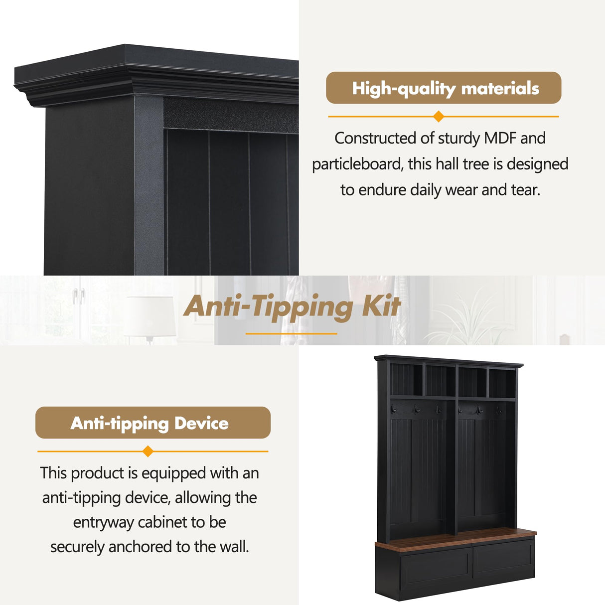 Zjjseloru Farmhouse 4-in-1 Hall Tree - Versatile Black & Dark Walnut Coat Rack with Wood Grain Bench & 2 Large Drawers, Perfect Entrance Organizer for Hallway & Living Room, Particle Board & MDF Zjjseloru