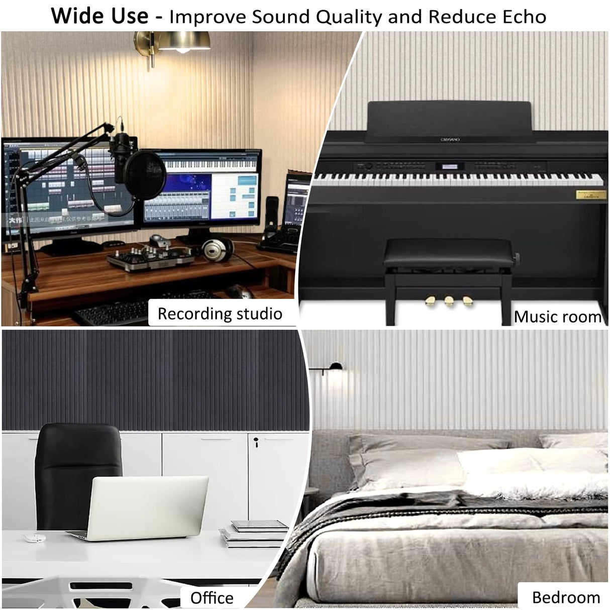 JVJVJ 5 Pack Acoustic Panels, 48" X 24" X 0.4" Decorative Sound Proof Felt Panels, Self-Adhesive Sound proof panels for walls, Creative Slotting Design. (Black) JVJVJ