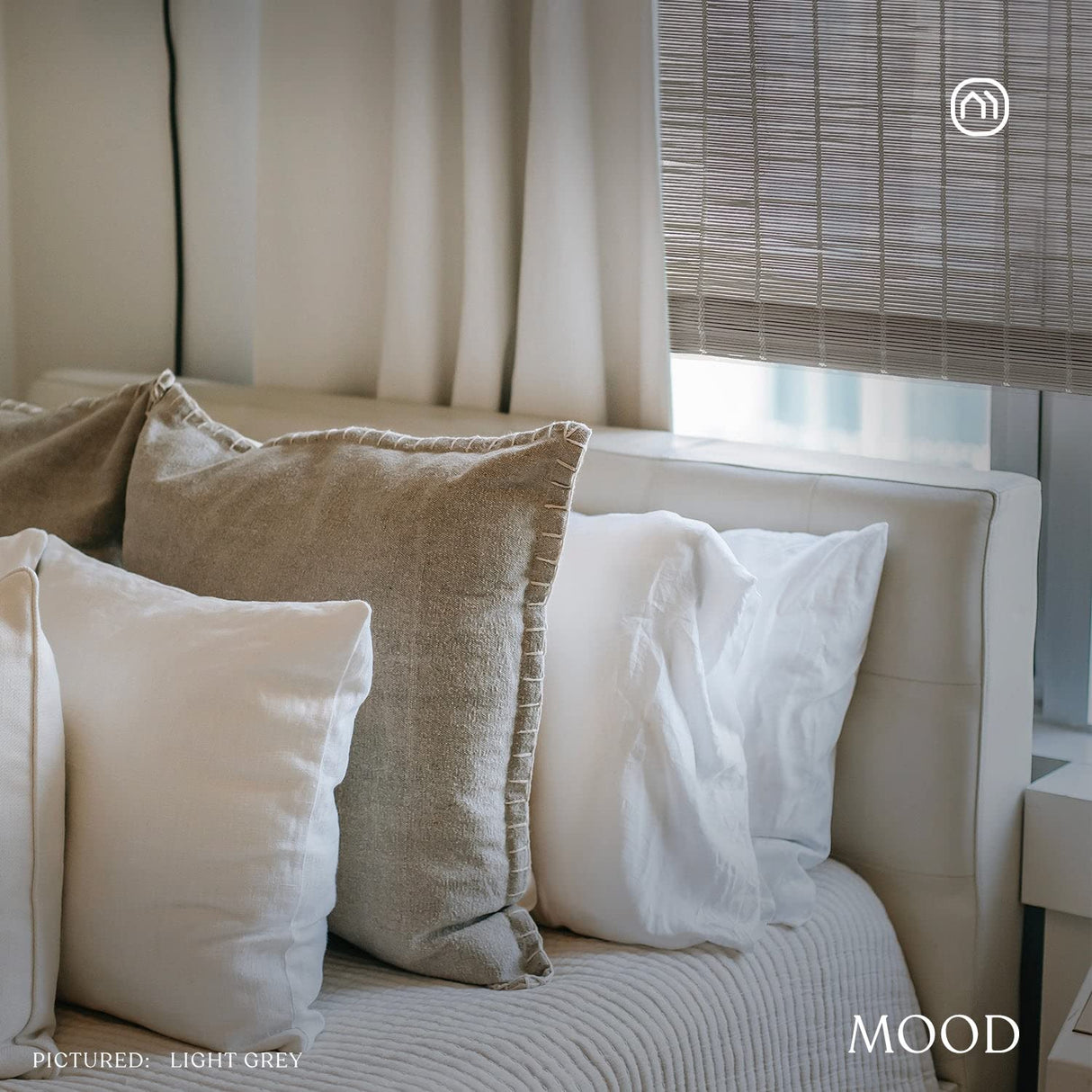 MOOD Custom Bamboo Shades | Modern | Cordless Bamboo Roman Shades for Windows and Doors (Natural Woven) | Modern Light Grey (Sheer) | 35" W X 48" H Mood