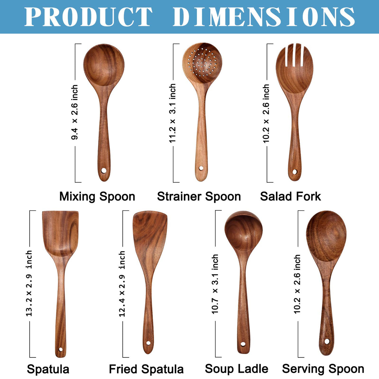 Wooden Non-Stick Kitchen Pan Toolset 7 Pieces Set,100% Natural Teak Kitchen Utensils Spatula, Wooden Cooking Utensils Spoons, Fried Spatula and Salad Fork YYLTJR
