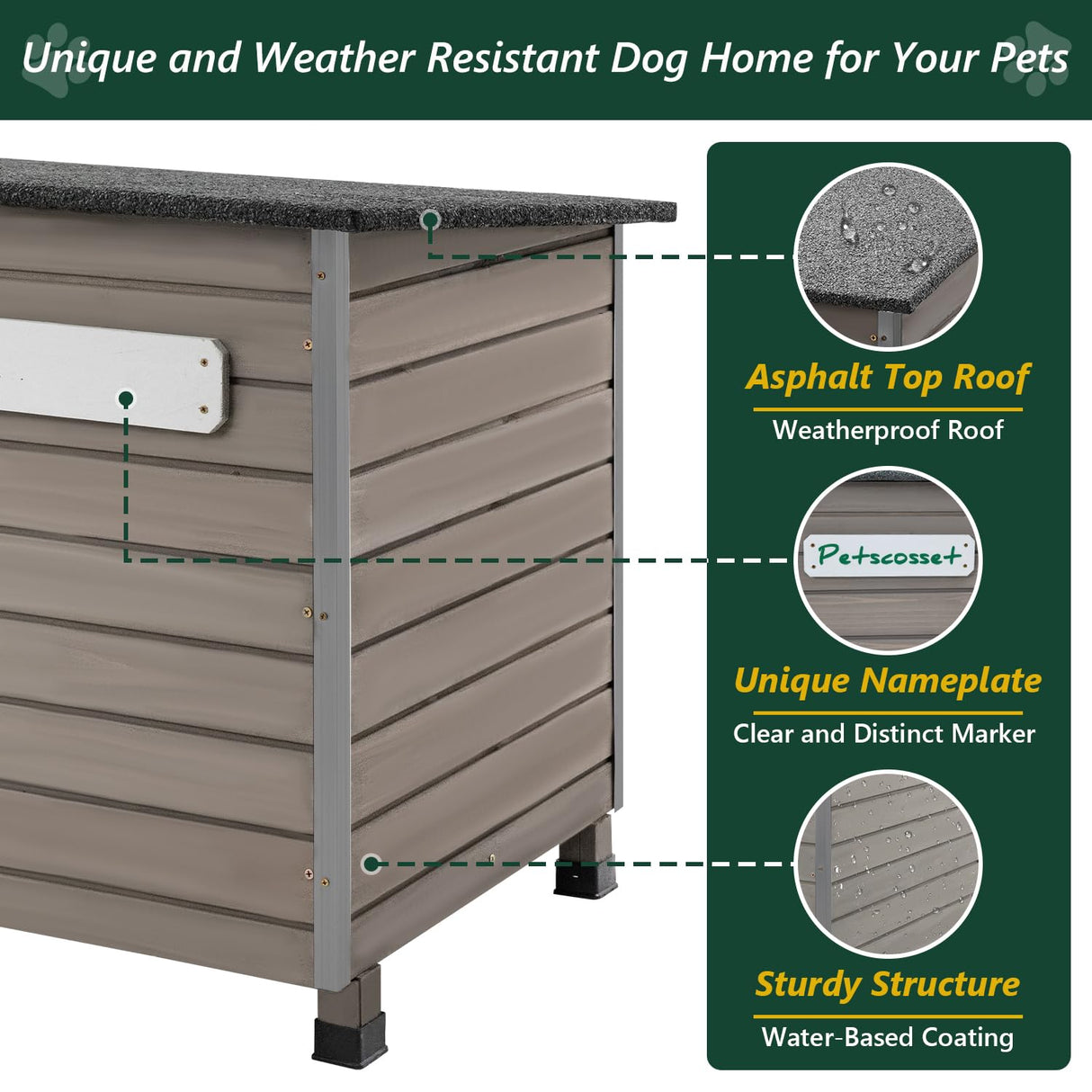 PetsCosset 43.3" L Dog House Outdoor for Large Breeds Dogs Anti Chewing Iron Frames Dog Kennel Wooden Pet Houses for Indoor Outdoor with Weatherproof Roof,6 Elevated Feet, Reinforced Bottom Support PetsCosset