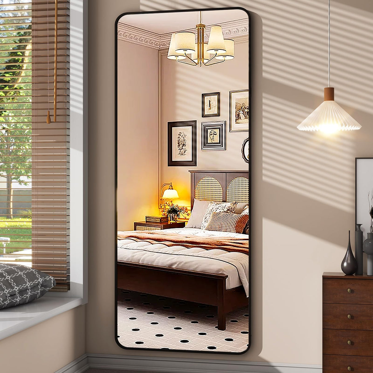 XRAMFY 64"x21" Black Floor Full Length Mirror Standing Full Body Rounded Corner Rectangle Mirrors with Stand Hanging Wall Mounted Leaning Bedroom Living Room Bedroom Cloakroom,Mirror Full Length XRAMFY