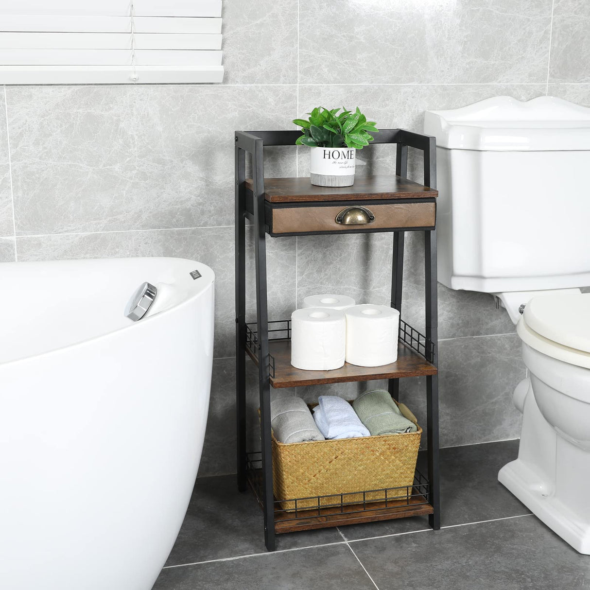 3-Tier Freestanding Bathroom Ladder Shelf with Drawer & Open Storage keomaisyto