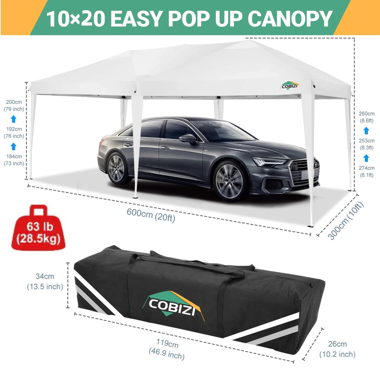 COBIZI Canopy 10x20 Pop Up Canopy with 6 Sidewalls,Waterproof Canopy Outdoor Event Shelter UPF 50+ Gazebo Portable Tents for Parties Beach Camping Wedding Commercial Instant Easy up Canopy 10x20,White COBIZI