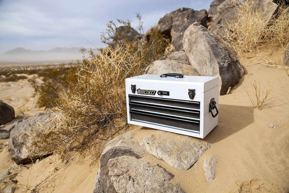 Boxo USA Hand Carry Tool Box 3-Drawer Heavy Duty Steel Toolbox with Lock System (White) BOXO