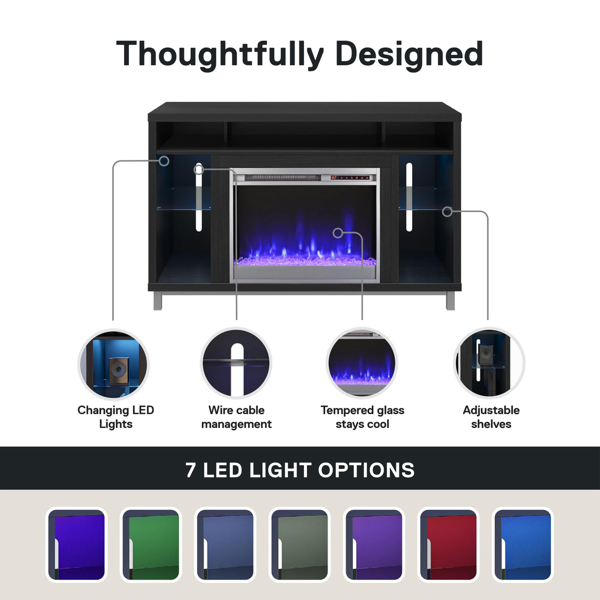 Ameriwood Home Lumina Fireplace TV Stand for TVs up to 48 Inch, Replaceable Electric Fireplace Insert Heater, Remote Control, Timer, Color Changing LED Lights, Crystal Ember Flames, Black Oak Ameriwood Home