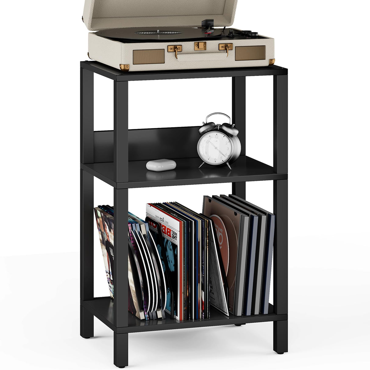 TUTOTAK Record Player Stand with Storage Up to 100 Albums,Record Storage Table,3 Tier End Table,Side Table for Living Room, Bedroom, Black TB01BK075 TUTOTAK