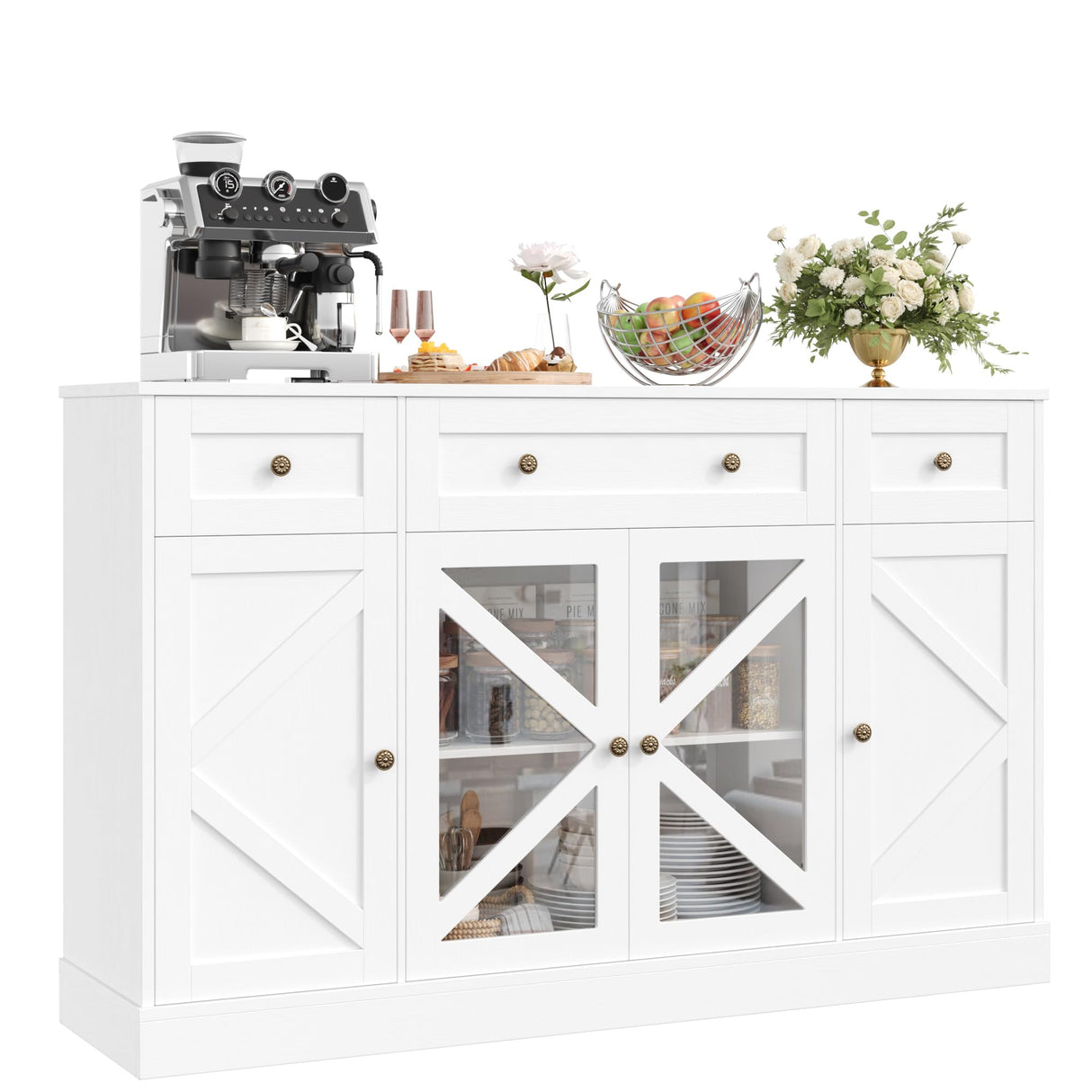 Keyluv Buffet Sideboard 55" Large Storage Cabinet 4 Doors and 3 Drawers, Farmhouse Wooden Coffee Bar Space-Saved Cupboard Furniture for Dining Room, Kitchen, Living Room, White Keyluv