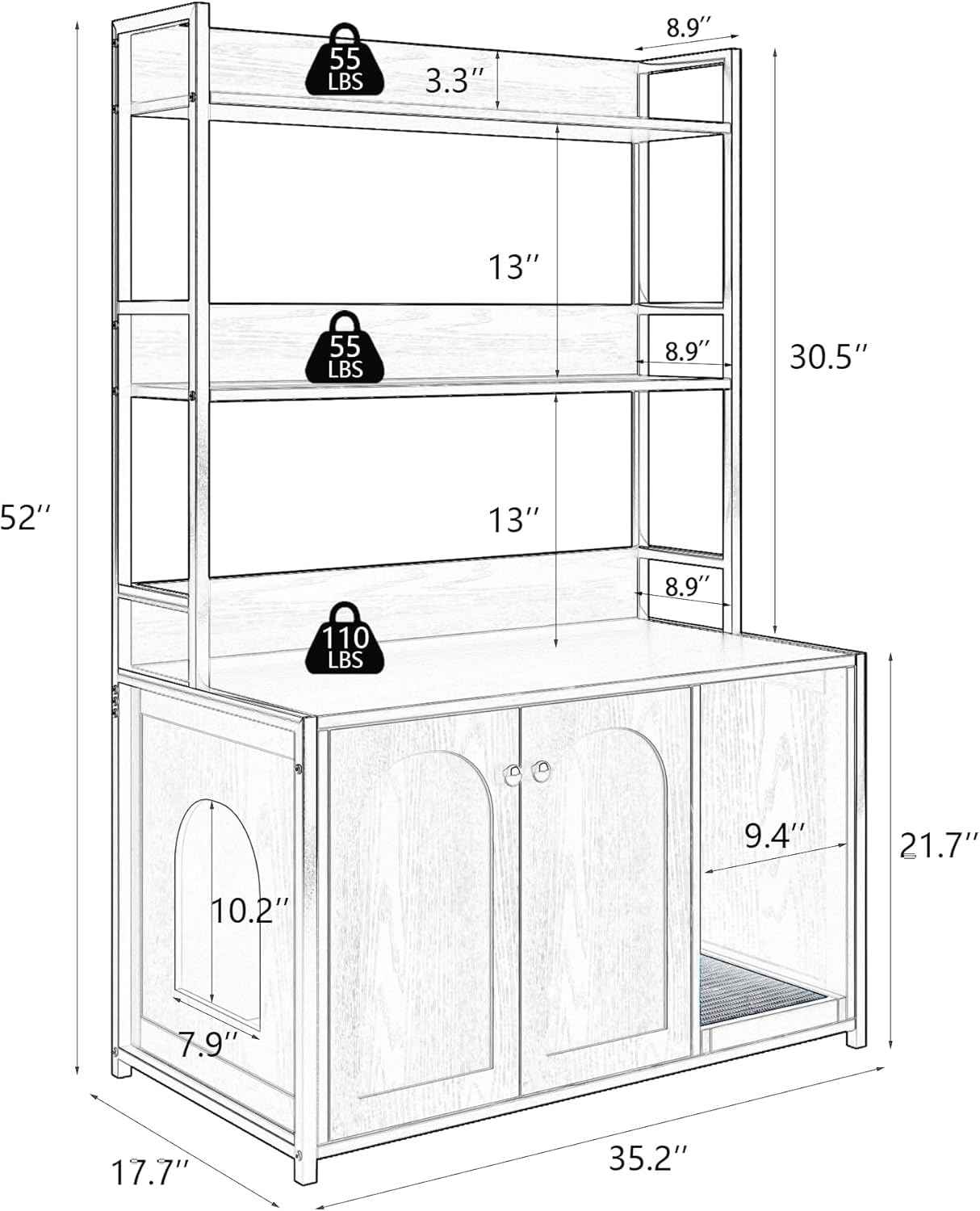 FinerFurnis Litter Box Enclosure with 2 Storage Shelves Black Hidden Cat Litter Box Furniture with Scratch Pad Indoor Cat House Kitty Box Washroom Cat Bookshelf Cabinet-Black FinerFurnis