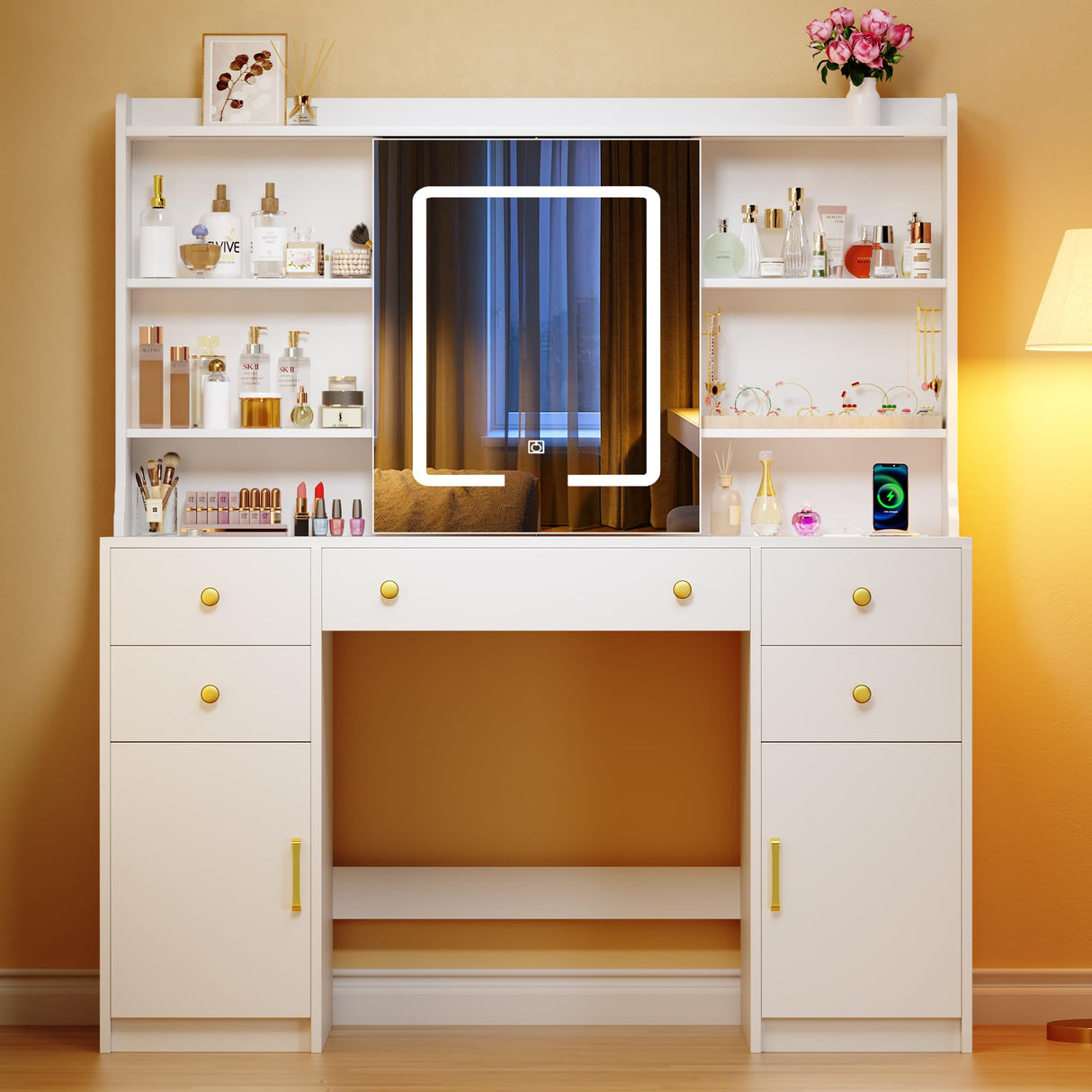 HUAHUU Vanity Desk with LED Lights & Sliding Mirror, Makeup Vanity with Lights, Power Outlet, White Vanity Desk with 5 Drawers & 2 Cabinets, 6 Storage Shelves for Bedroom HUAHUU