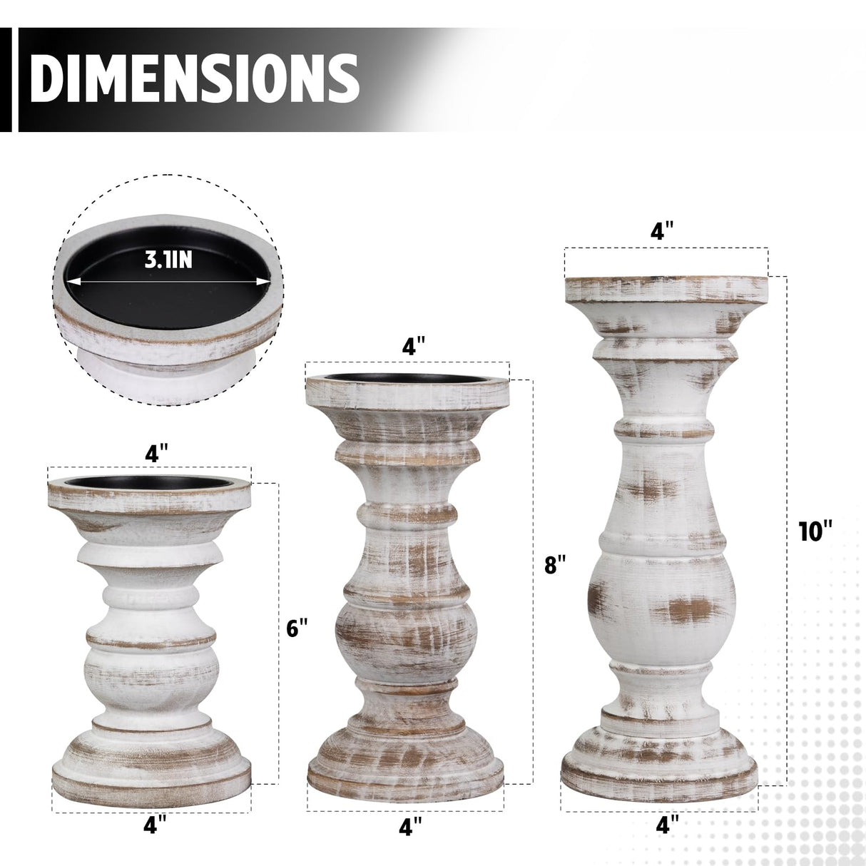 Candle Holder for Pillar Candle Set of 3, Farmhouse Wood Candle Holder, Rustic Wooden Candle Stand, Decorative Wood Candlestick Holders for Living Room, Table Centerpiece (Antique White) CEDARLUX