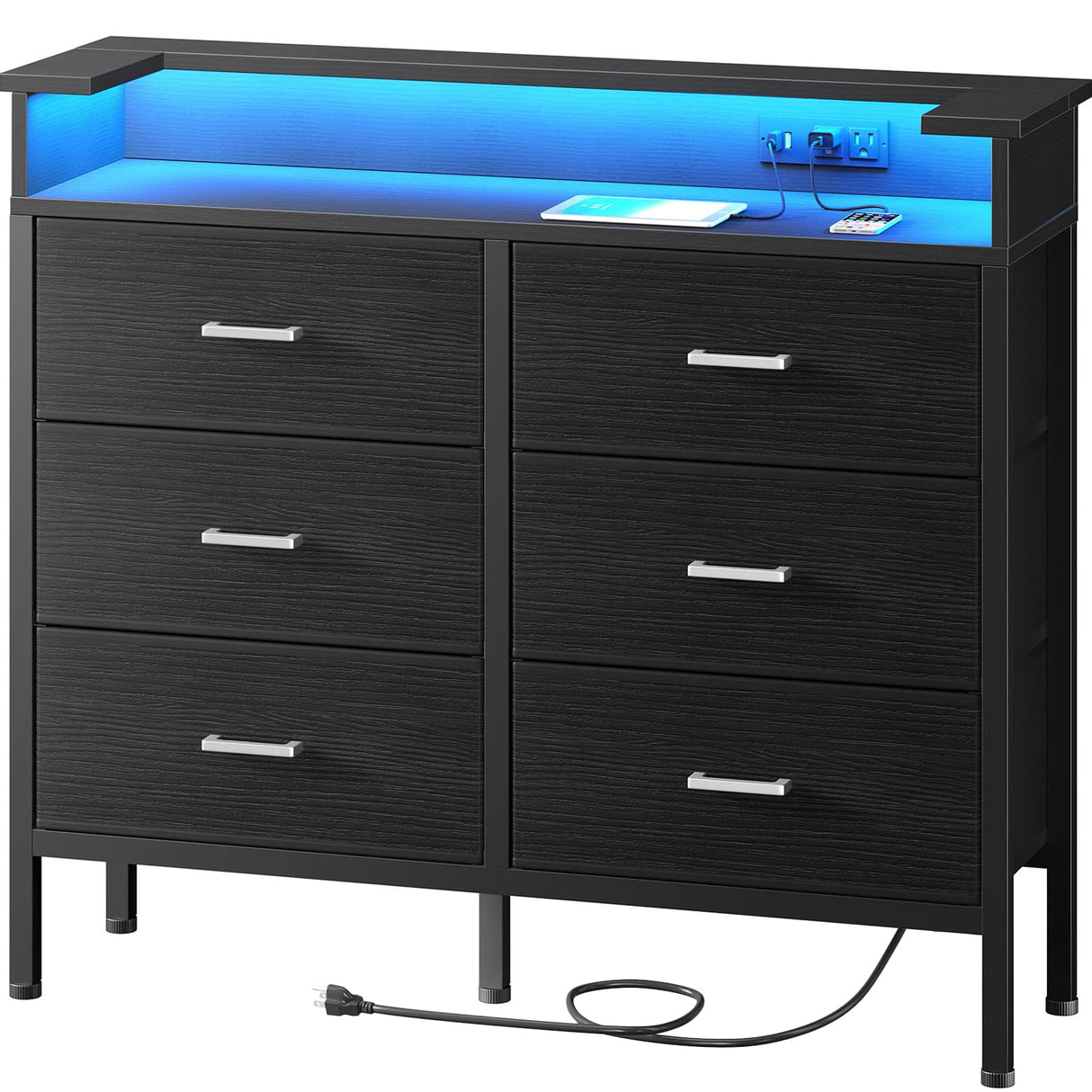 BOLUO Black Dresser with LED Light and Charging Station for Bedroom 6 Drawer Dresser with USB Outlet, Fabric Dressers & Chests of Drawers Modern BOLUO