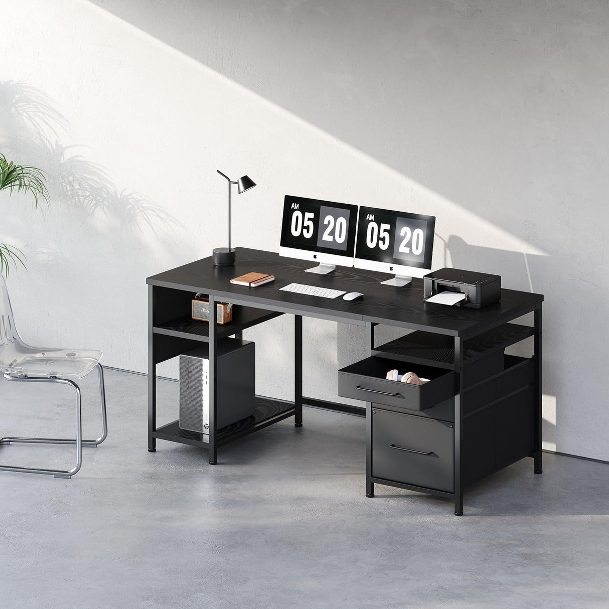 Maihail Maihail Home Office Desk with Drawers Adjustable Shelves, 59 inch Writing Desk with File Cabinet, Large Computer Desk with Storage, Vintage, Black Maihail