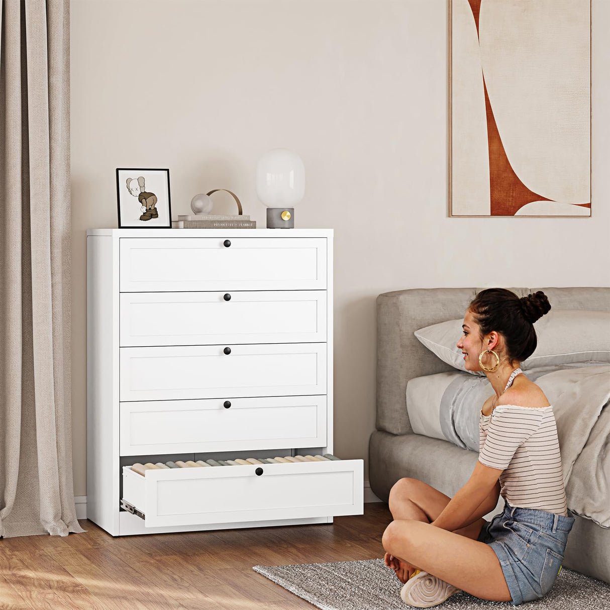 Letaya 5 Drawer Dresser for Bedroom, Metal Chest of Drawers Tall White Closet Organizers and Storage Clothes, Accent Storage Cabinet for Living Room, Entryway, Hallway, White Letaya