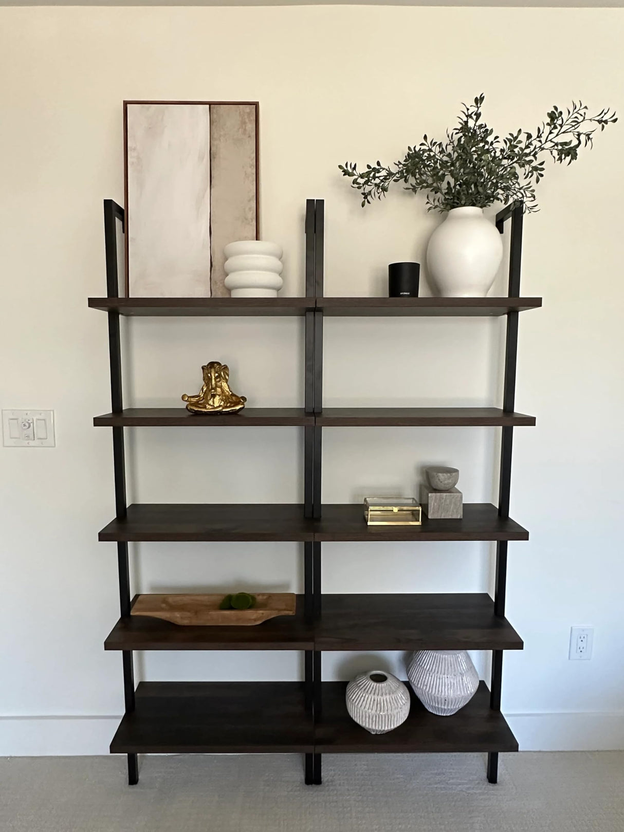 Nathan James Theo 5-Shelf Wood Modern Bookcase, Open Wall Mount Ladder Bookshelf with Industrial Metal Frame, Dark Brown Nutmeg/Black Nathan James