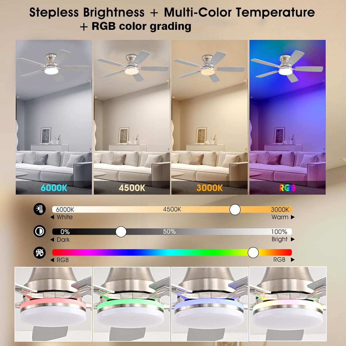 Ayaoty Ceiling Fans with Lights, 48 inch Low Profile Ceiling Fan with Light and Remote Control, Flush Mount RGB Dimmable Light, Noiseless, Nickel Ceiling Fan for Bedroom Indoor/Outdoor Use Ayaoty