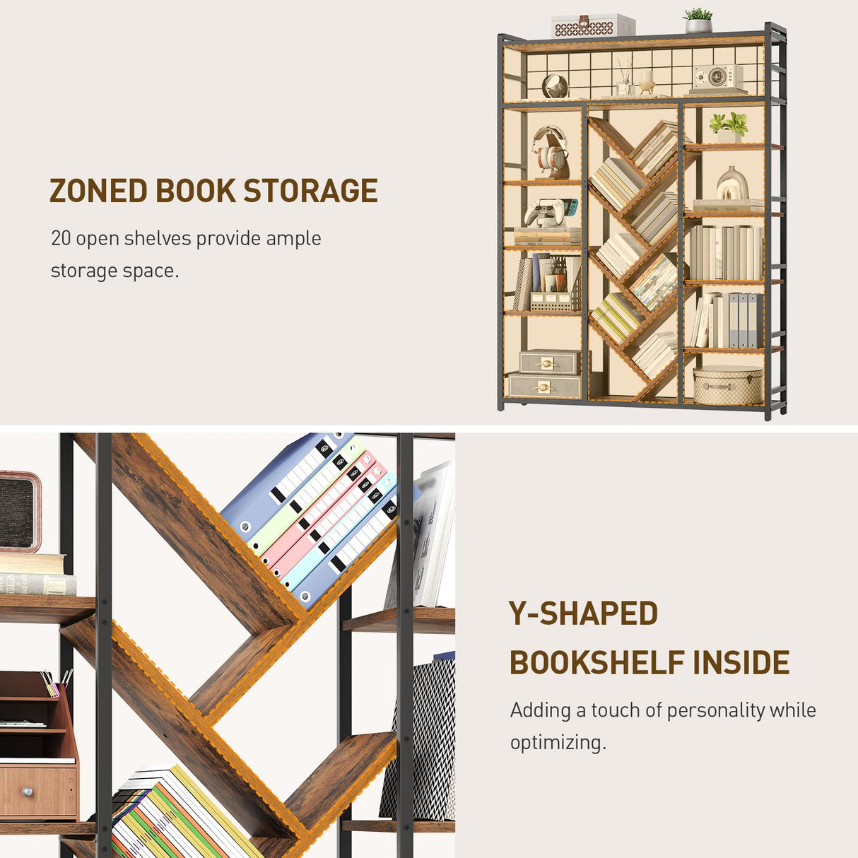 RALGEND Triple 7-Tier Bookshelf, Industrial Large Bookcase with 20 Open Display Shelves, Modern Tree Bookcase with Metal Frame and Hanging Function for Living Room, Home Office, Rustic Brown and Black RALGEND