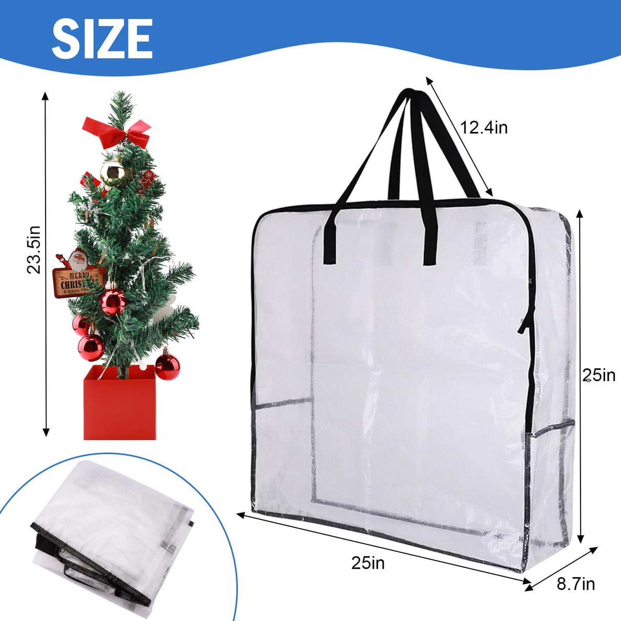 Tiltol 2 Pack 25 inches Wreath Storage Container,Extra Large Transparent Rectangular Christmas Ornament Storage Bags with Zipper and Handles,Perfect for Wreaths,Garlands,Gifts,Waterproof,Foldable Tiltol