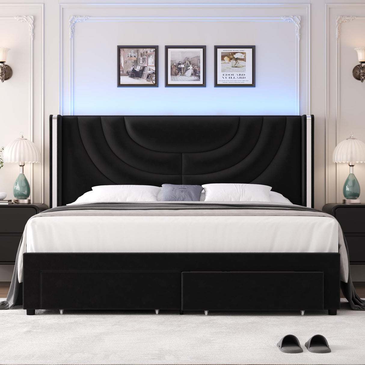 HITHOS Black Upholstered LED Bed Frame with Storage Drawers and Wingback Headboard HITHOS