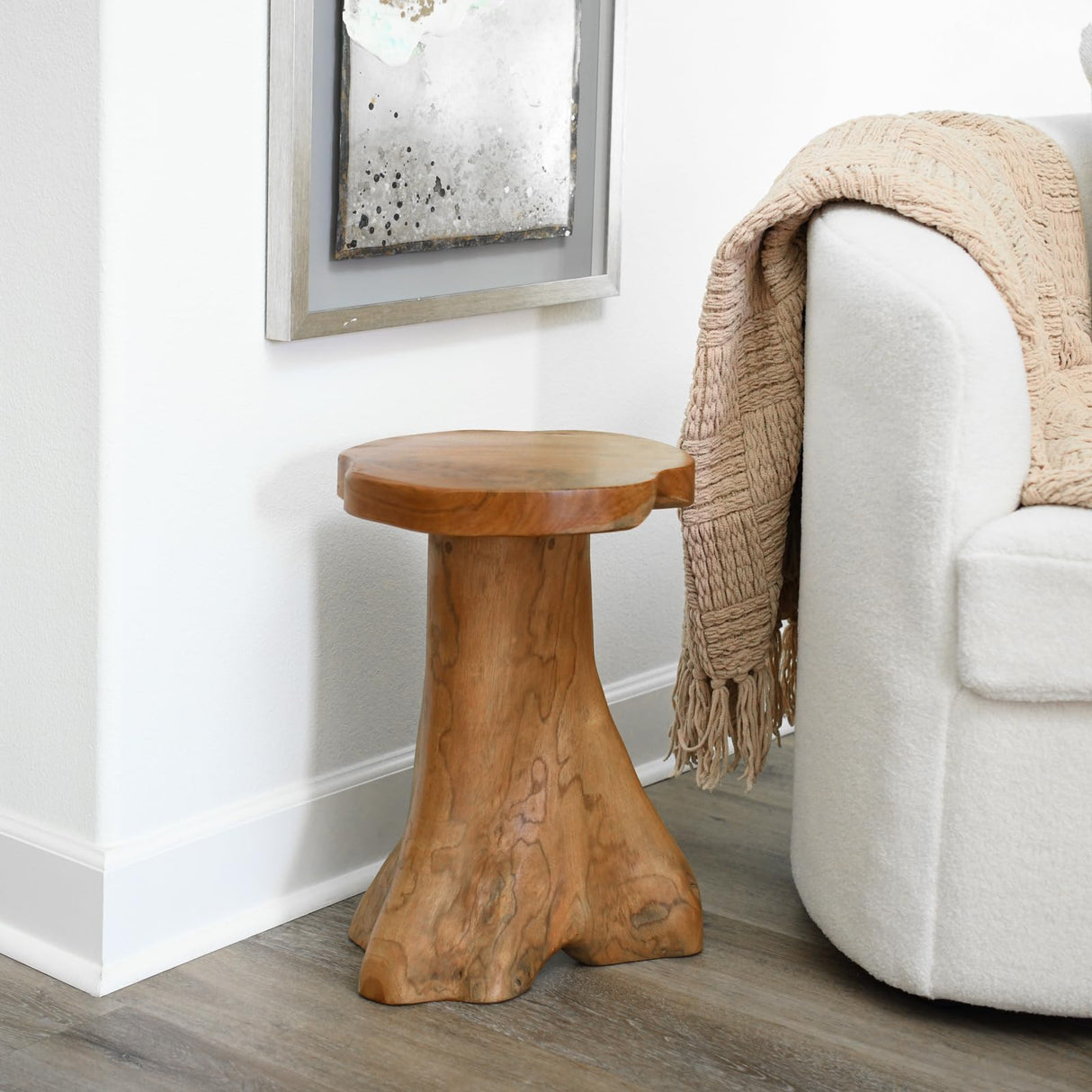 WELLAND Teak Tree Stump Side Table, Live Edge Stool, Natural Edge Wood Side Table WELLAND