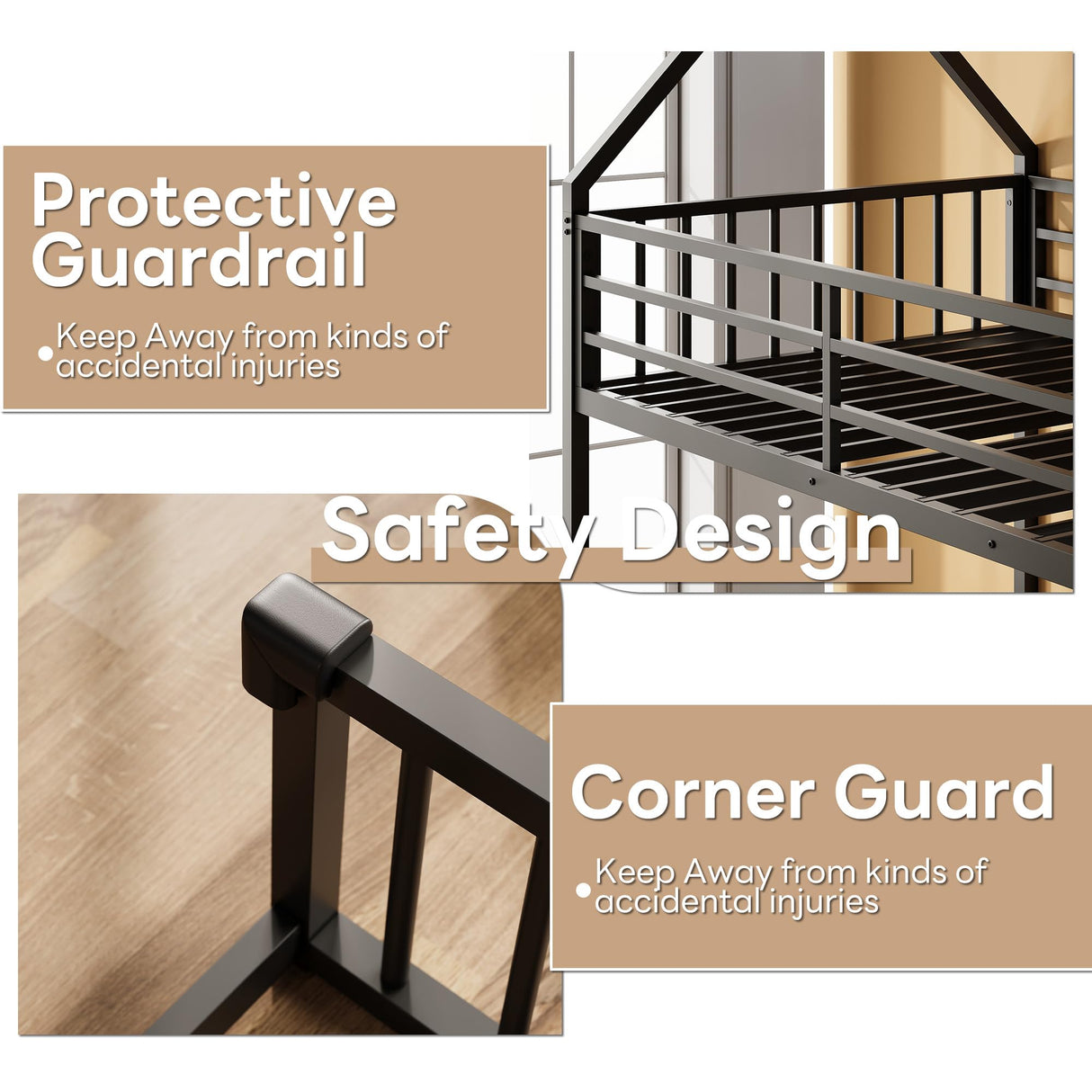 LIKIMIO Bunk Bed Twin Over Full Size, House Bunk Bed Frame with Ladder and Guardrail, House Shaped with Metal Slats Support No Box Spring Needed Space Saving for Bedroom and Dorm, Black LIKIMIO