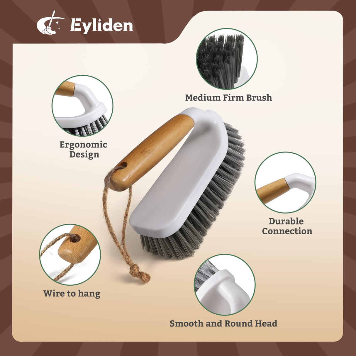 Eyliden Scrub Brush, 2 Pack Heavy-Duty Stiff Bristles Cleaning Brush, Natural Bamboo Handle, Multi Purpose Scrub Brushes for Bathroom Floor Tub Shower Kitchen Sink Carpet & Other Surface, Grey+White Eyliden