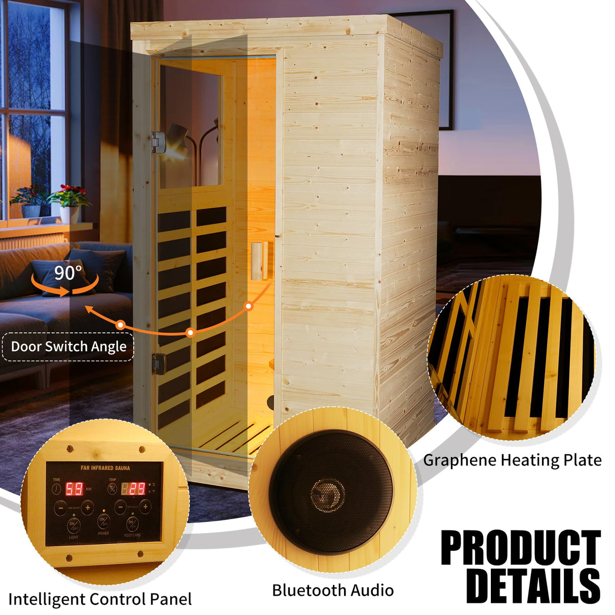 OUTEXER Far Infrared Wooden Sauna Room Home Sauna Spa Low-EMF Dry Saunas Single Person Spa Finland Spruce Wood fit for 7ft Person OUTEXER