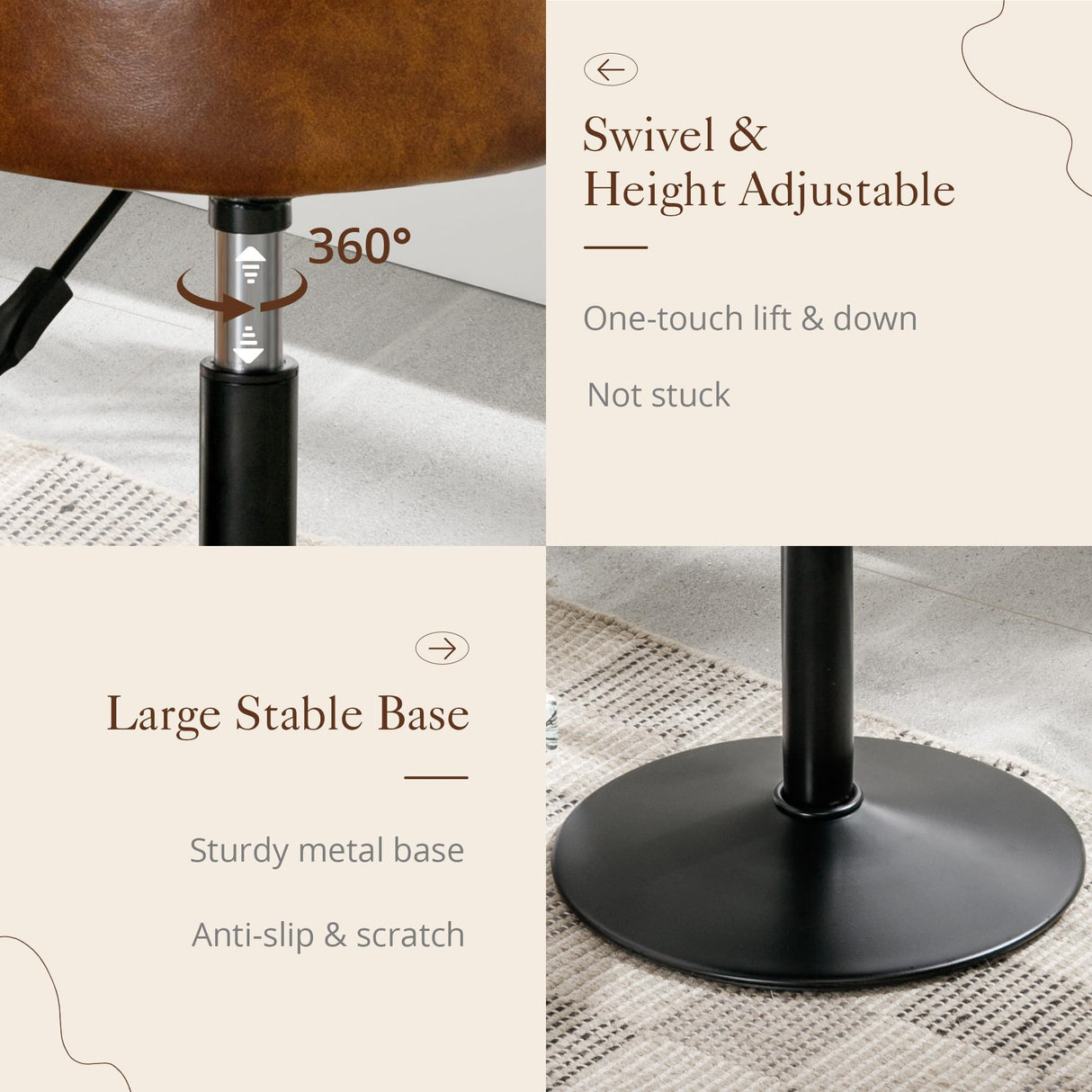 LUE BONA Adjustable Swivel Vanity Chair, Brown Faux Leather Stool for Makeup Room, Small for Bathroom, Living Room LUE BONA