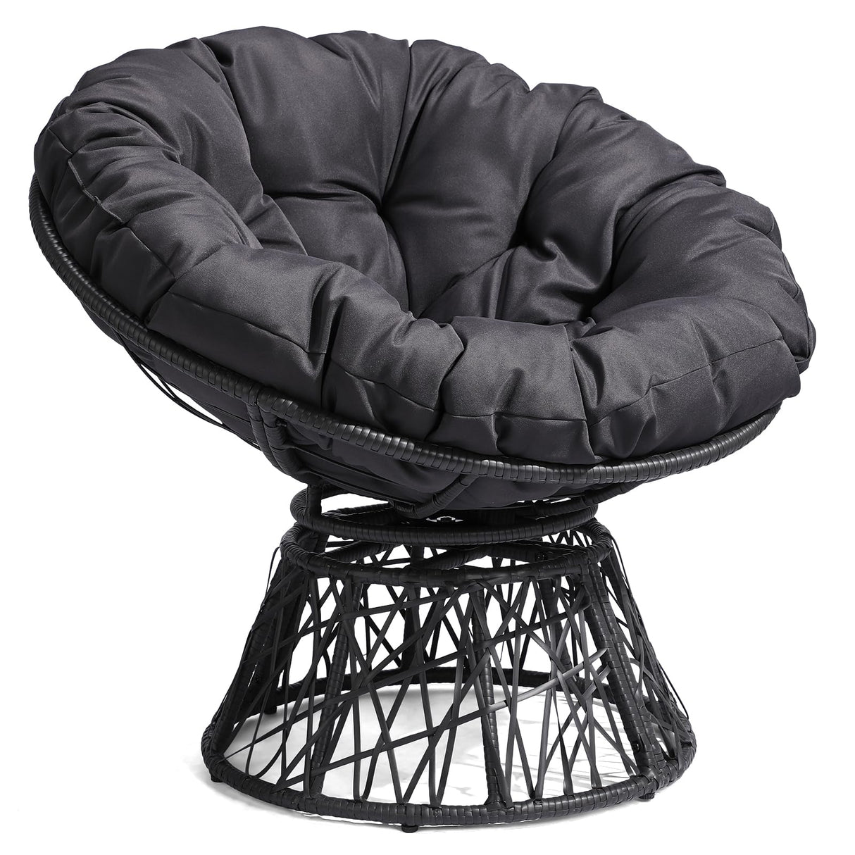 Outvita 40" Swivel Wicker Papasan Chair with Thick Tufted Cushions, High Capacity Frame, 360 Degree Rotatable Chairs for Indoor Outdoor Use, Black Outvita