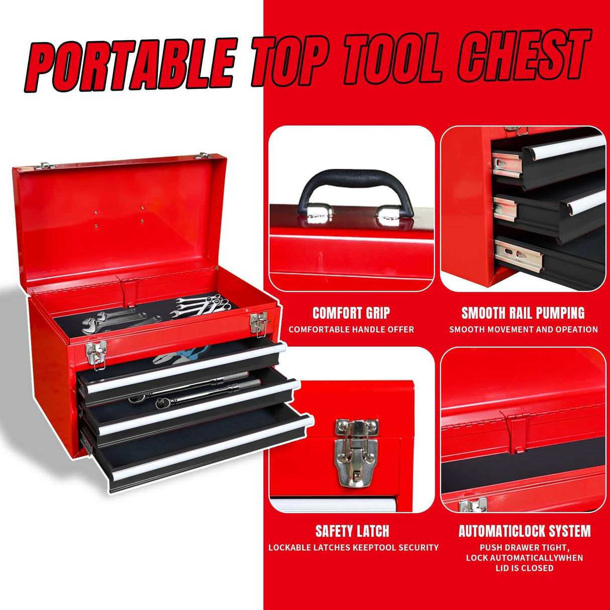 BIG RED ATBD134R-RB-4 Torin Rolling Garage Workshop Tool Organizer: Detachable 3 Drawer Tool Chest with Large Storage Cabinet and Adjustable Shelf, Red/Black BIG RED