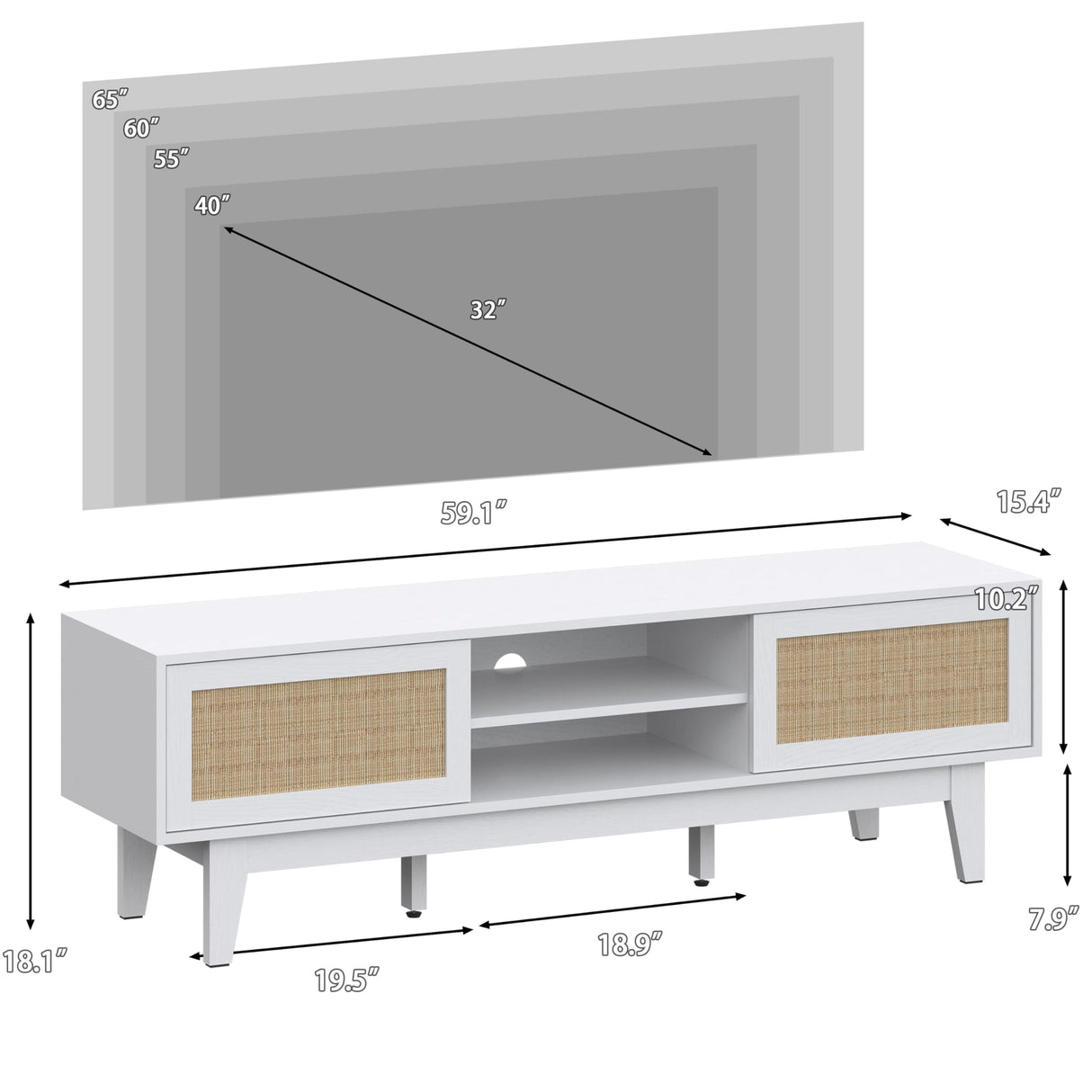 Boho TV Stand for 55 65 Inch TV, Rattan Entertainment Center with Shelves, Cabinets and Sliding Doors, TV Media Console Table with Solid Wood Feet & Cord Holes for Living Room, Bedroom, White Xixini
