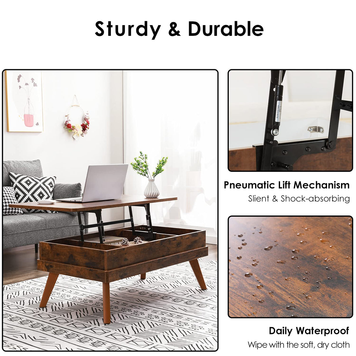 Bidiso Lift Top Coffee Table, Easy-to-Assembly Center Table with Hidden Storage Compartment, Industrial Lift Tabletop Dining Table for Living Room Reception/Home Office, Rustic Brown Bidiso