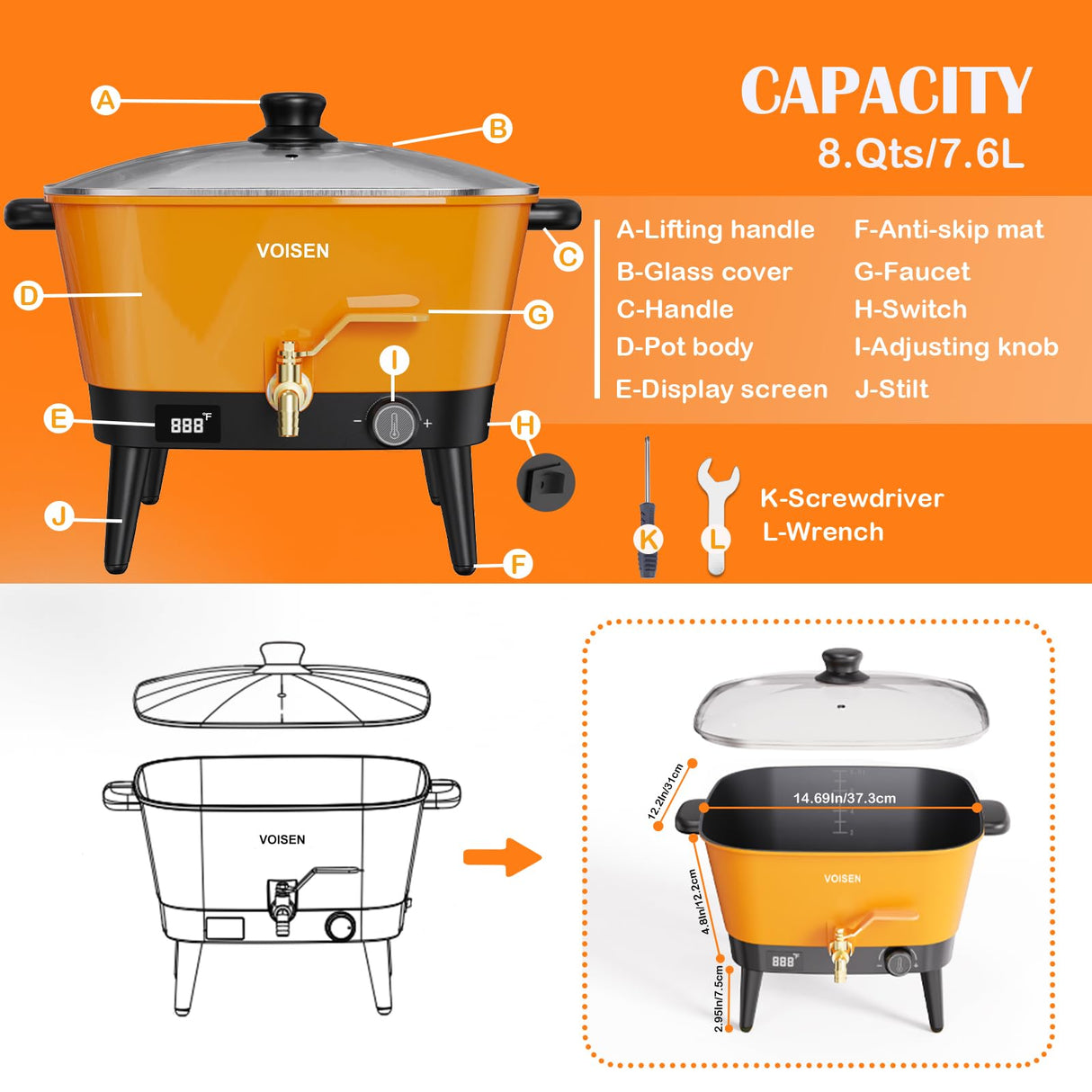 VOISEN Wax Melter for Candle Making, 8Qts Candle Wax Melting Pot with Spout for Soy Wax Soap Base, Electric Wax Melter for Candle Making with Temp Control, Easy Pour,Non-Stick(Orange) VOISEN